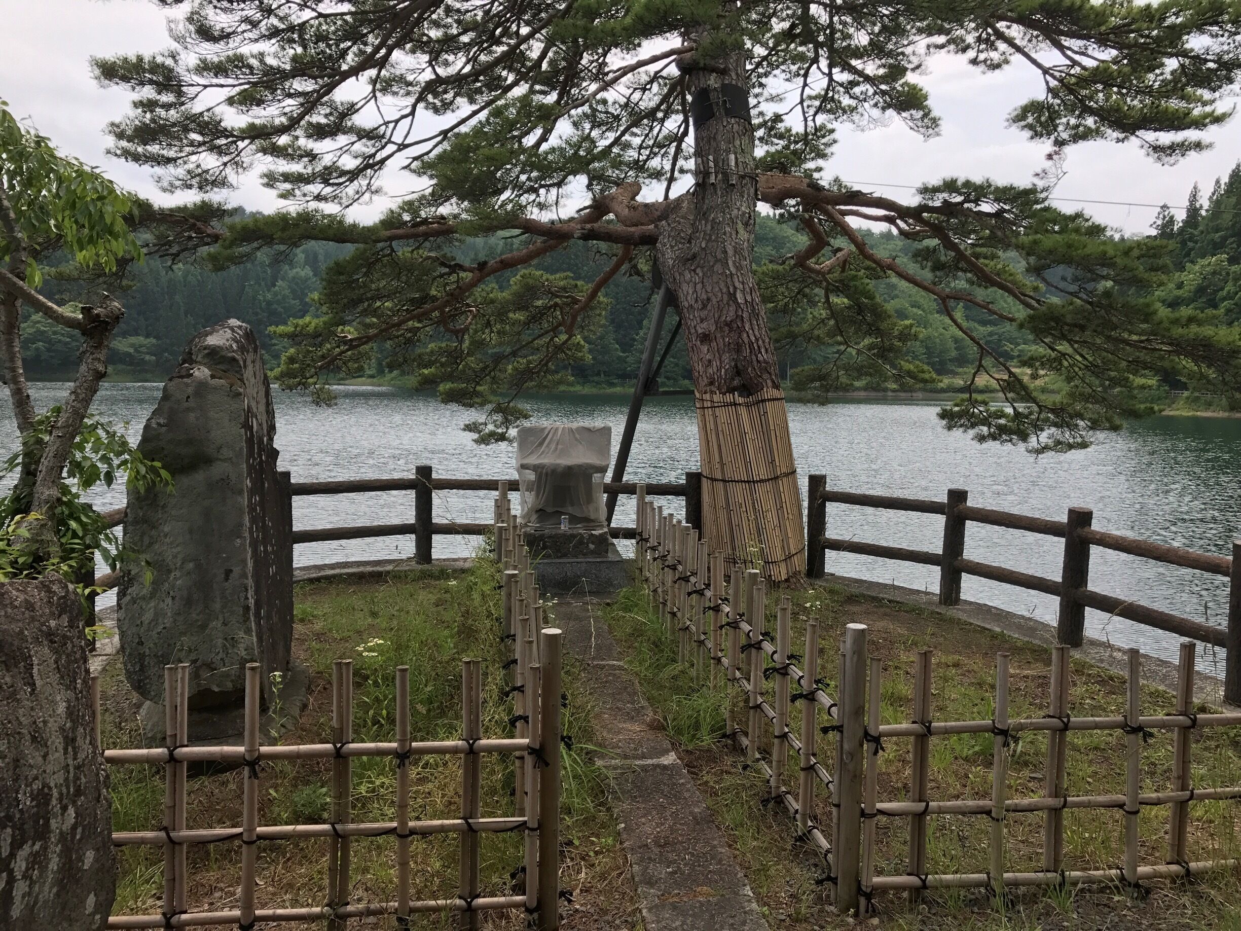 A wooden fence with a stone structure and a covered object in a forested area near a body of water.