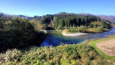A river winding through a forested valley with hills in the background.