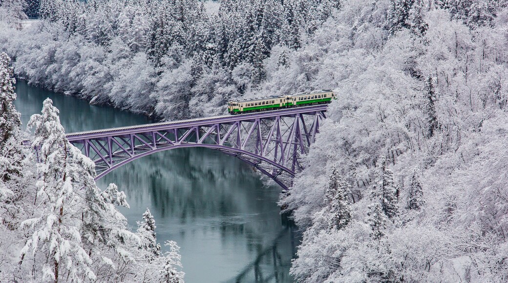 Japan mountain and snow with local train in winter season at Mishima town , Fukushima prefecture., Shutterstock ID 599403242, Purchase Order: -