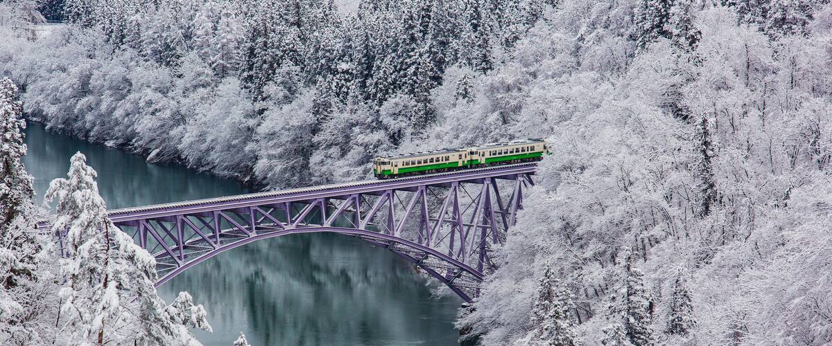 A train on a bridge over a river surrounded by snow-covered trees.