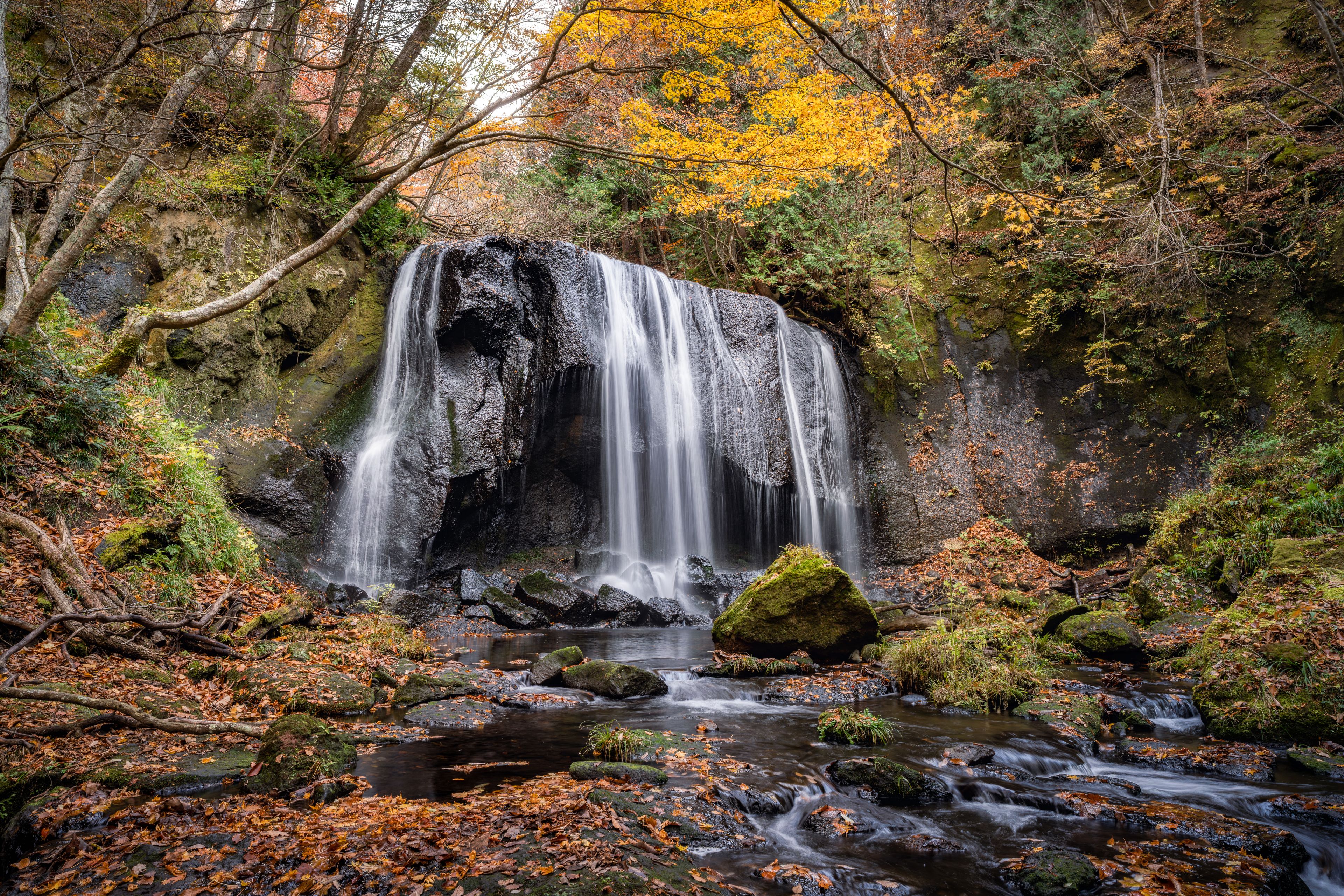 Une cascade entourée d’un feuillage automnal.