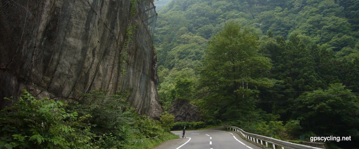 A winding road through a forested valley with a large rock face on one side.