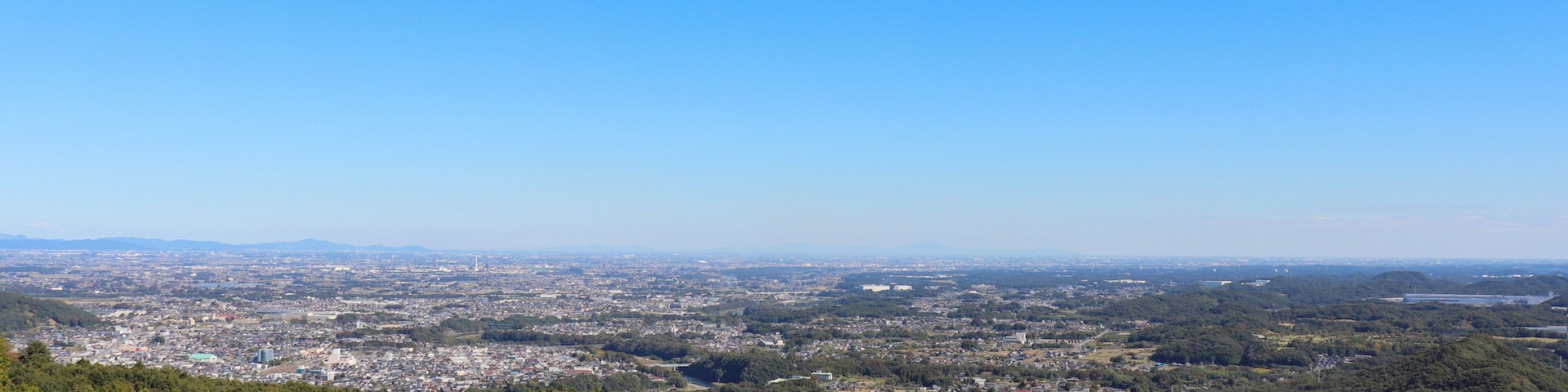 Vista panorámica de una ciudad, con una zona urbana densa en primer plano y una extensa área verde y colinas al fondo.