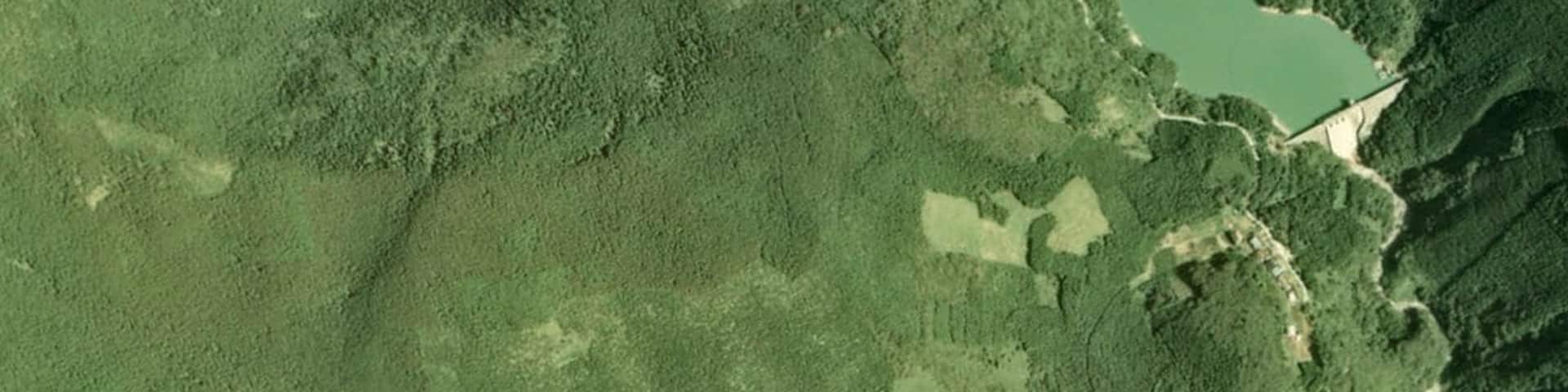 A river winding through a mountainous landscape with dense forestation.