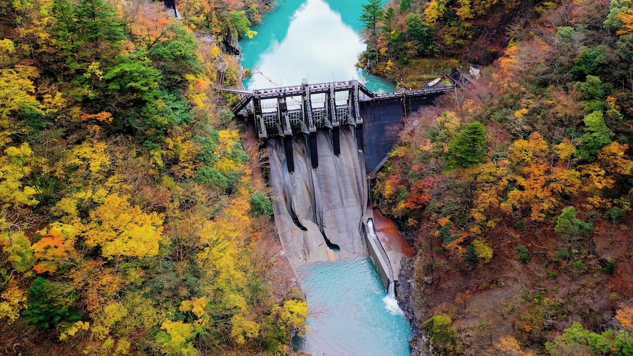 This dam is beside the famous Yume no Tsuribashi suspension bridge. In early morning, the tiffany blue coloured river and the autumn leaves around created a beautiful picture.