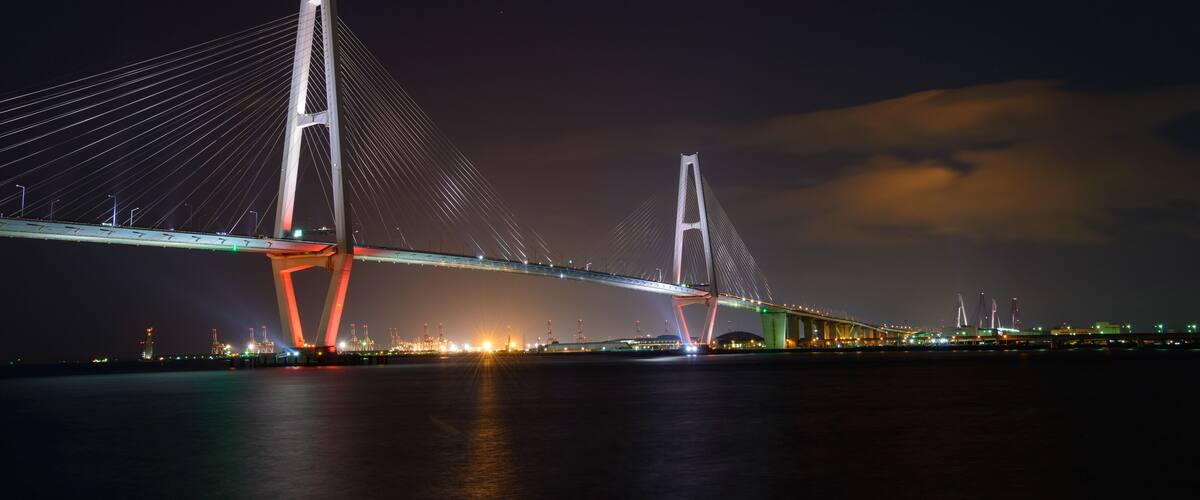 A large cable-stayed bridge at night with illuminated cables and towers.