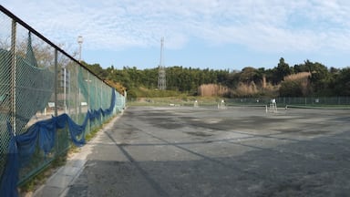 Una cancha deportiva vacía con una cerca de malla metálica, una alta torre de comunicaciones y una colina boscosa al fondo.
