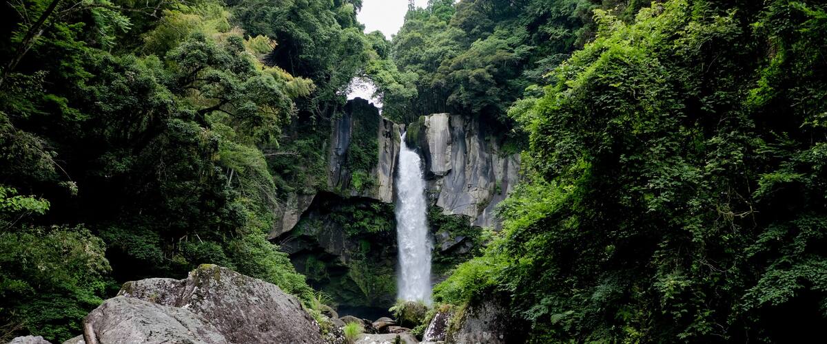 A waterfall surrounded by dense green forest and large rocks.