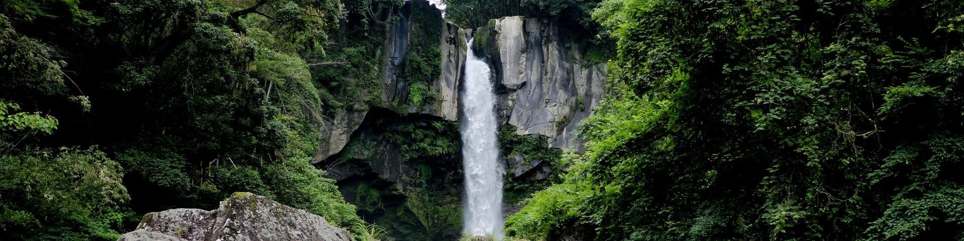 A waterfall surrounded by dense green forest and large rocks.