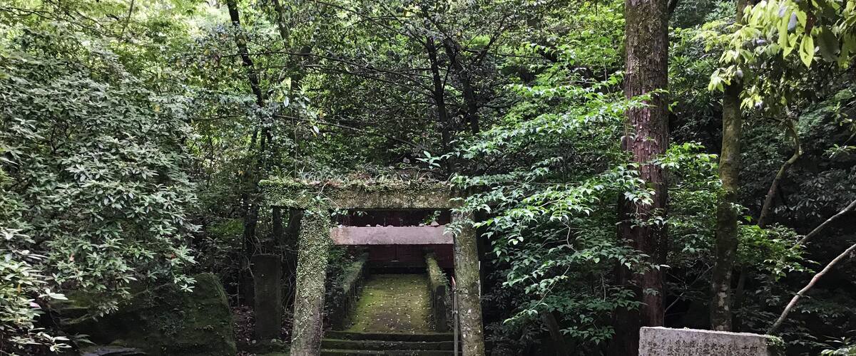 A moss-covered stone structure in a forested area with a stone plaque.