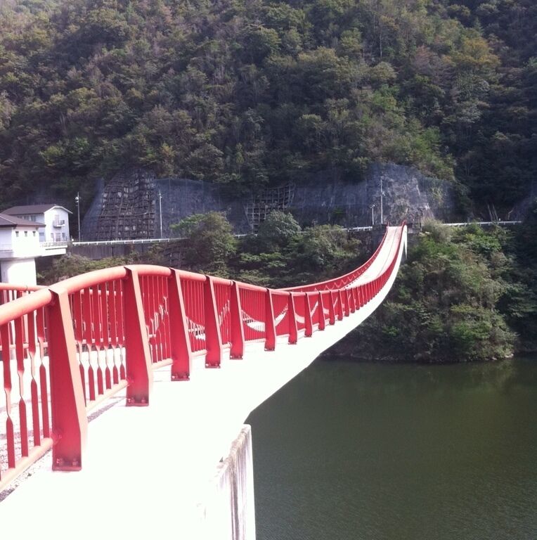 A red bridge over a river with a forested hillside in the background.
