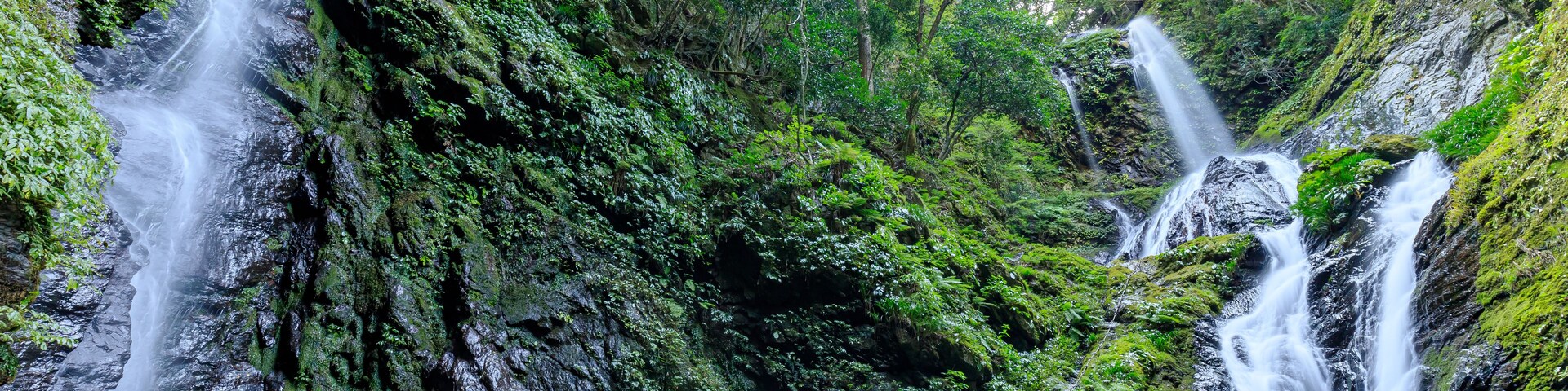 Una cascada en varios niveles rodeada de vegetación exuberante y rocas cubiertas de musgo.