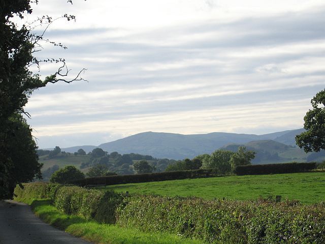 Lane with Mynydd Mawr in the background The hills in the middle distance are on the far side of the Tanat Valley.