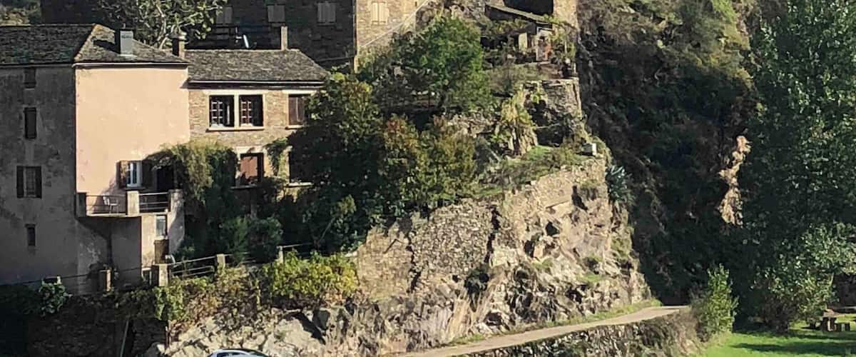 A medieval castle on a hillside with a river in the foreground.