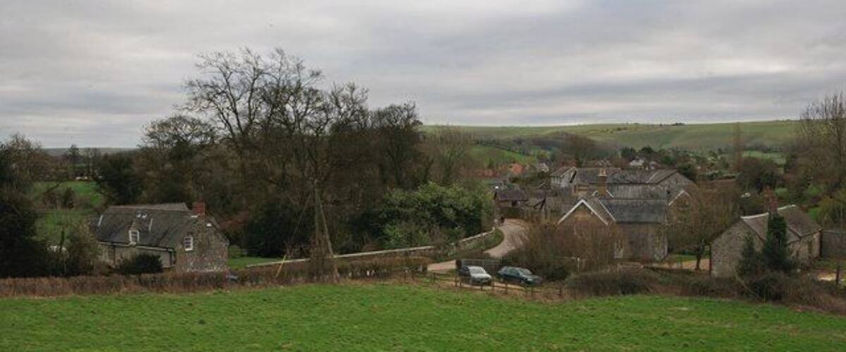 A rural landscape with houses, a field, and a tree.