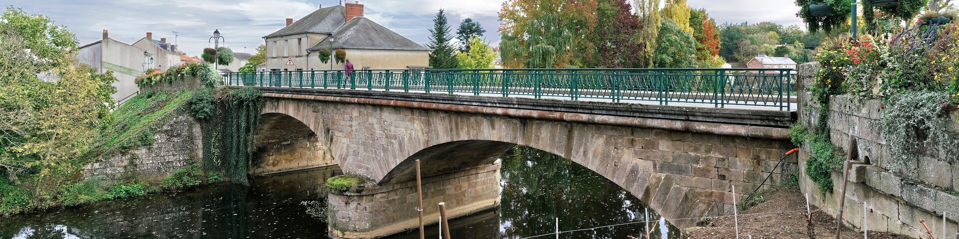 Un puente de piedra sobre un río tranquilo, rodeado de árboles y edificios.