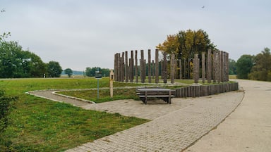 Un parc doté d’une structure en bois, d’un chemin pavé et d’un banc.