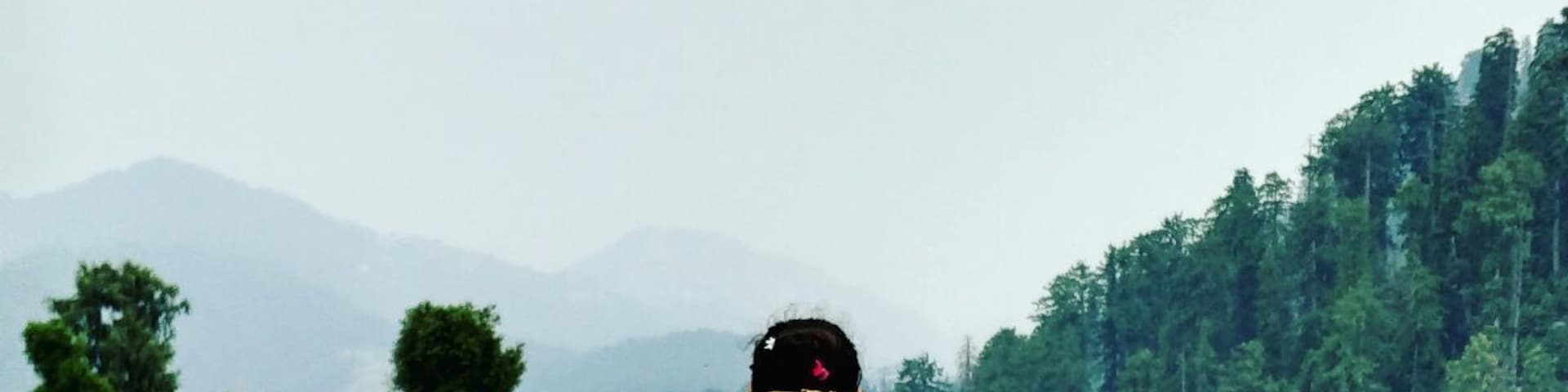 A person carrying a woven basket on a dirt path through a forested area with mountains in the background.