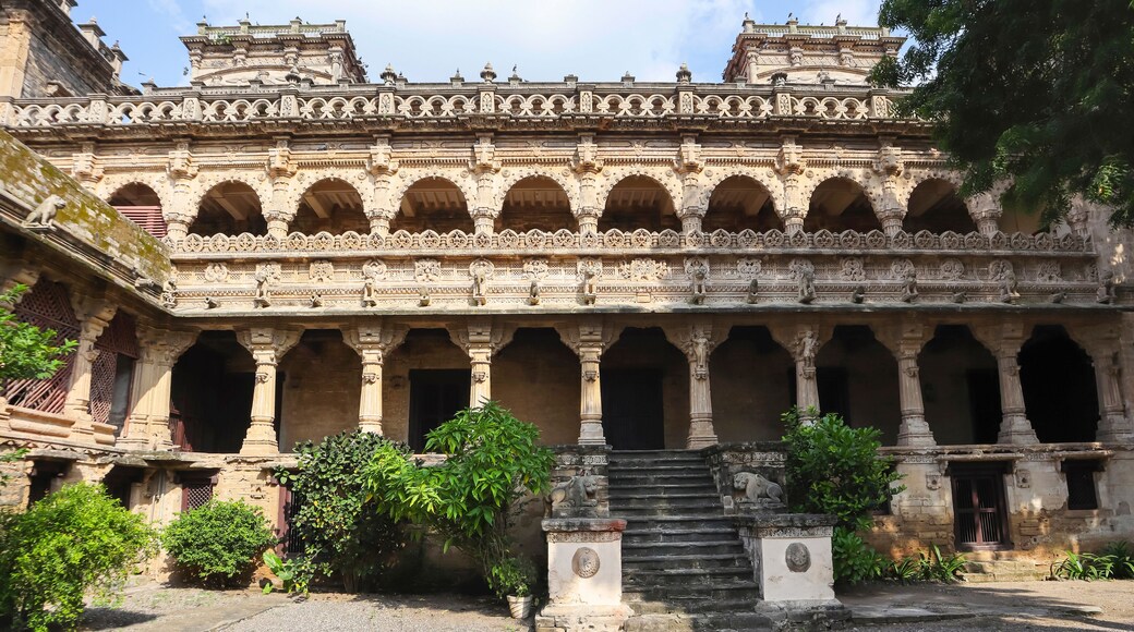 View of the beautifully carved Naulakha Palace, Gondal, Rajkot, Gujarat, India.