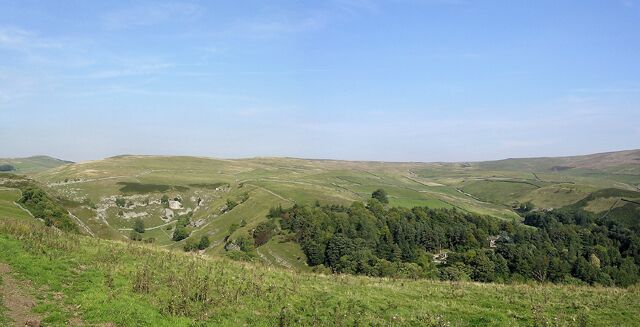 Panorama near Parcevall Hall. Parcevall Hall is in trees centre right.