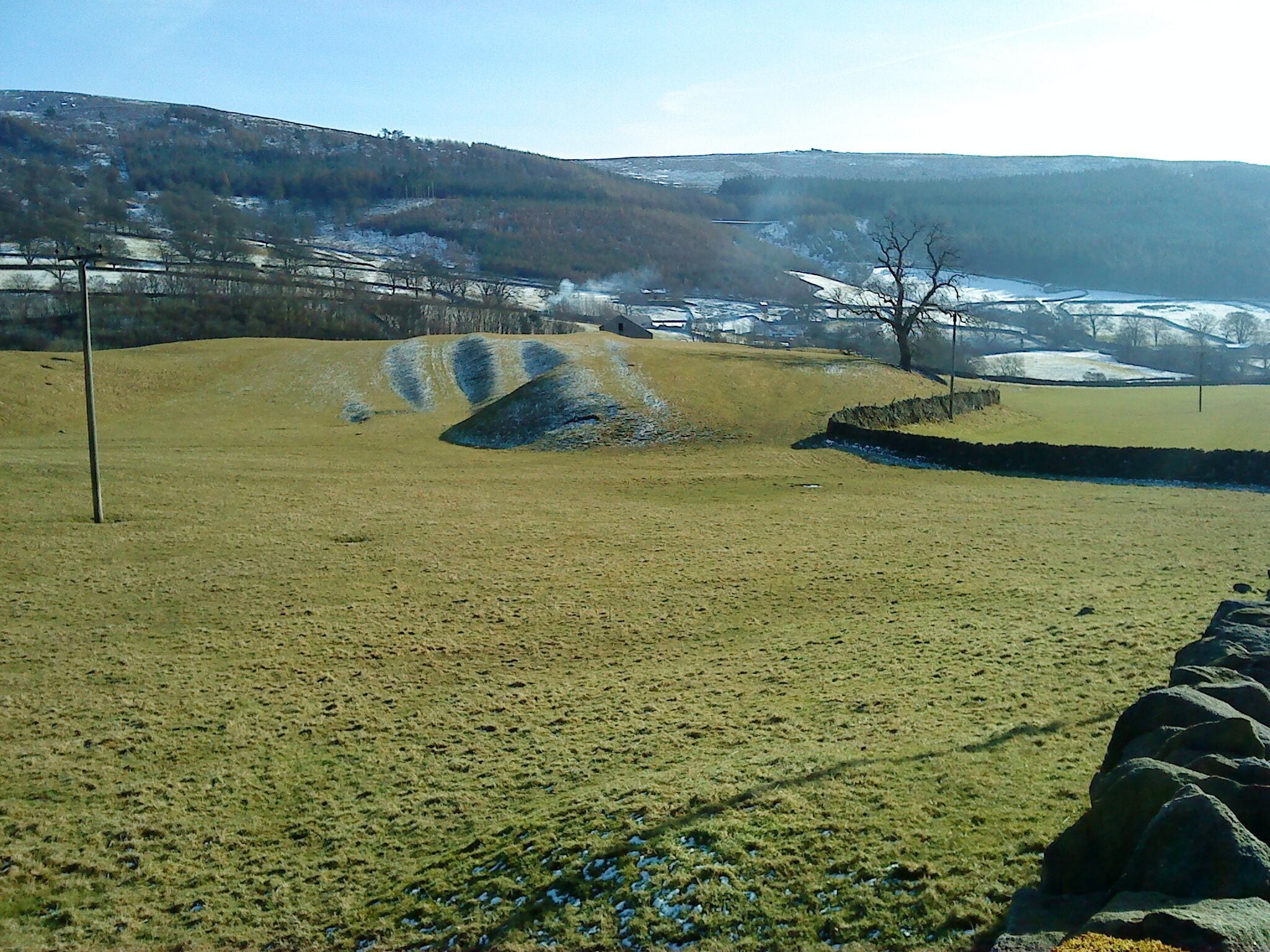 Strip Lynchets in the sun. On a few of the low mounds of glacial moraines that were formed in this area after the last Ice Age, medieval man cut ploughing platforms to grow his crops. This was in turn given over to sheep which has helped preserve the evidence of these ancient farming methods.