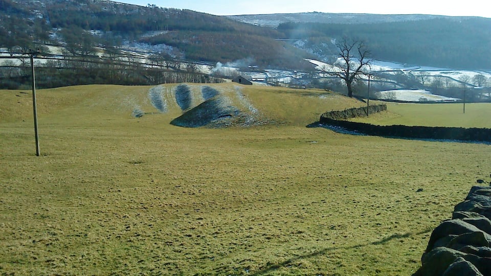 A grassy field with a stone wall and a hill in the background.
