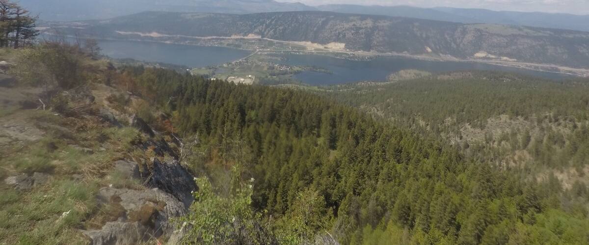 A mountainous landscape with a lake and forested area.