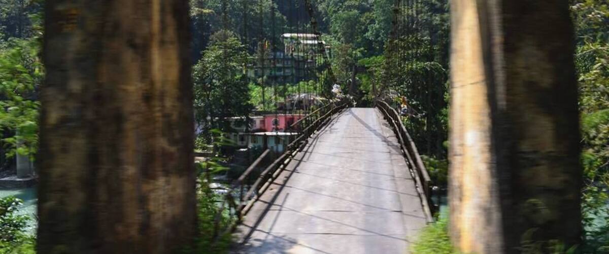 A bridge with a metal railing, surrounded by dense forest and a river.