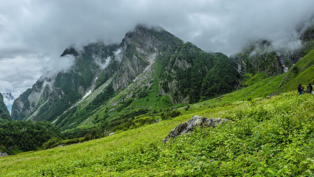 Beautiful Trek in Uttarakhand called Valley of Flowers in Himalayas, Nanda Devi biosphere national park, amazing landscape, mountains, hills, misty, rain, monsoons, flowers