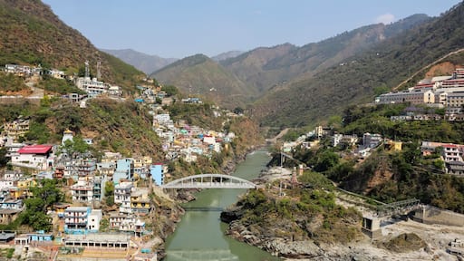Confluence of Alaknanda and Bhagirathi Rivers at Sangam Point, Devprayag, Tehri Garhwal, Chamoli, Uttarakhand, India.