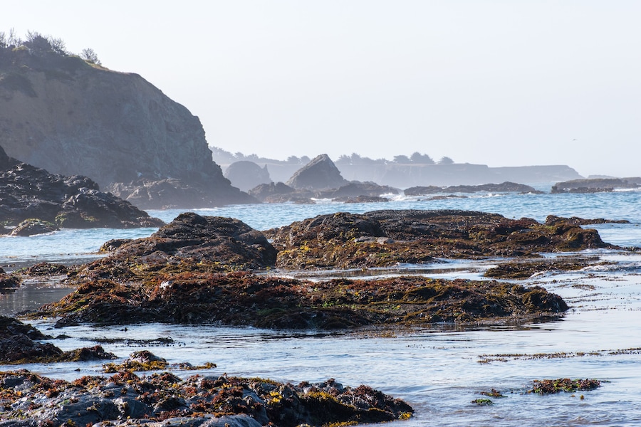 Anchor bay along rugged California coast, with sky, water, and rocks.