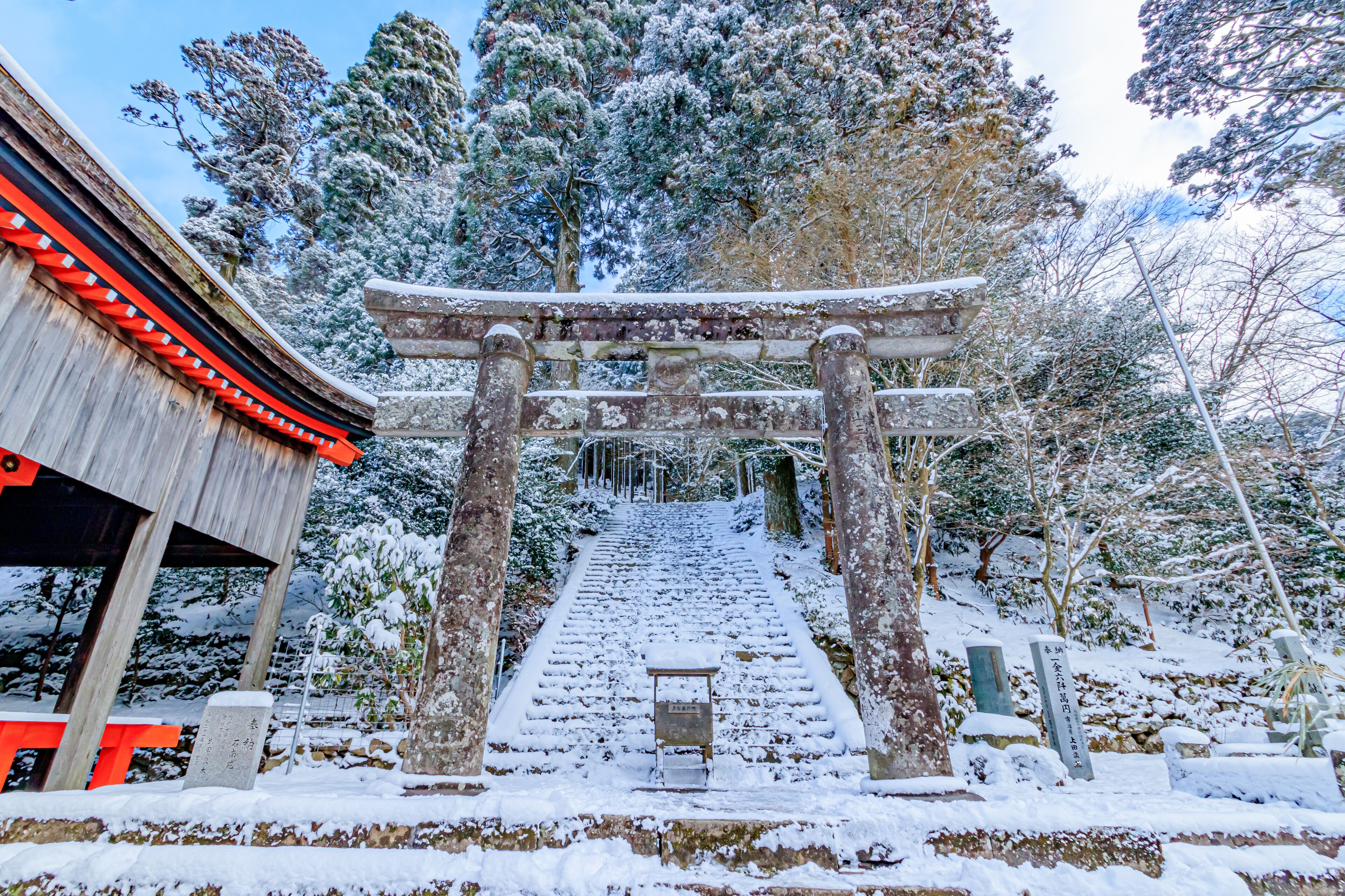 A snow-covered shrine with a traditional torii gate, wooden steps, and a stone lantern.