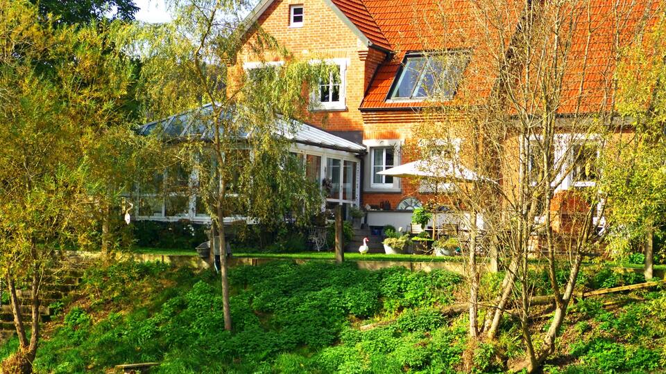 A house with a red roof, surrounded by lush greenery and trees.
