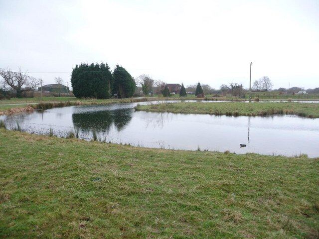 A pond surrounded by grass and trees, with a few houses in the background.