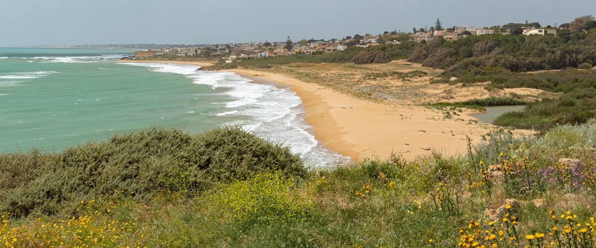 A coastal landscape with a sandy beach, ocean waves, and a town in the background.