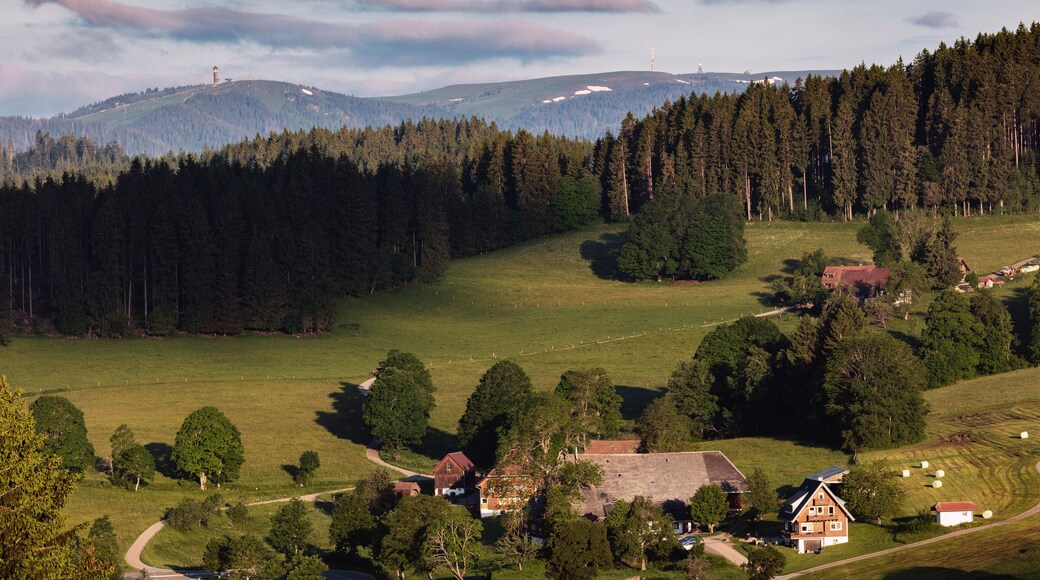 Saig in the morning light with a view of the Feldberg in the Schwarzwald