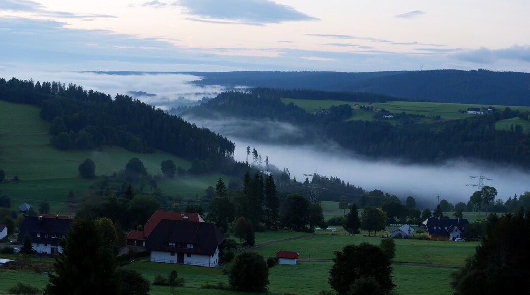 Wolken im Tal in bäuerlicher Gegend im Schwarzwald (Saig, Titisee, Deutschland)
