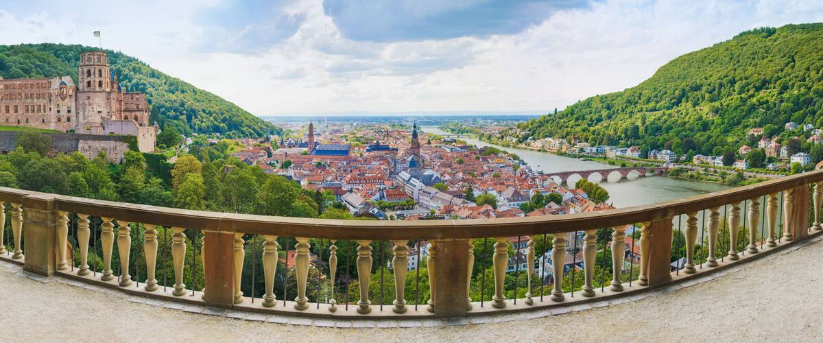 Eine historische Burg mit Blick auf einen Fluss, umgeben von üppiger Vegetation und einer Stadt mit roten Dächern.