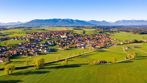 Germany, Bavaria, Konigsdorf, Aerial view of village in Alpine Foothills in summer