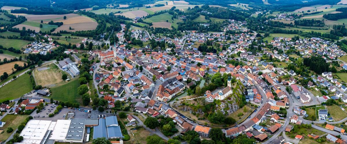 Aerial view around the city Pleystein in Germany on a sunny day in spring.