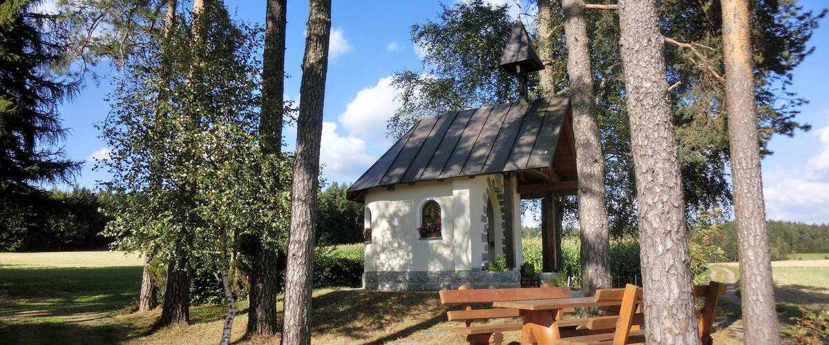 A rustic wooden bench and a small stone structure with a metal roof in a wooded area.