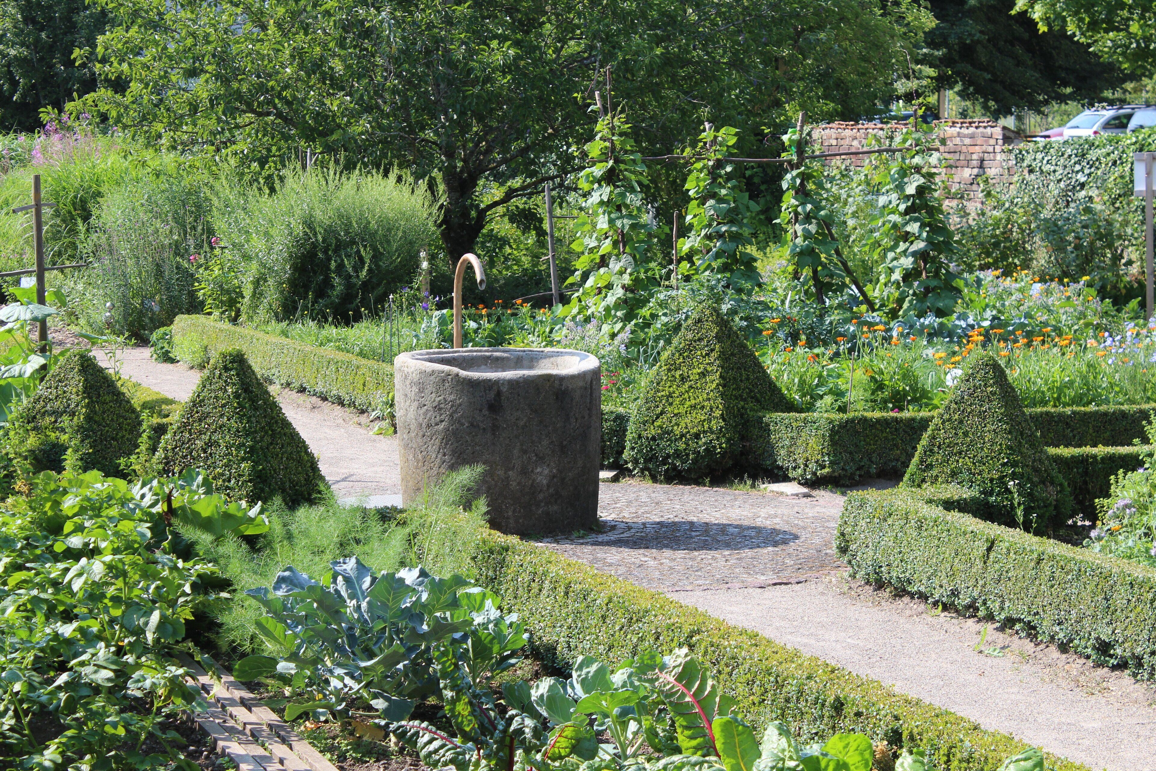 A garden with a central stone structure, neatly trimmed hedges, and a variety of plants.