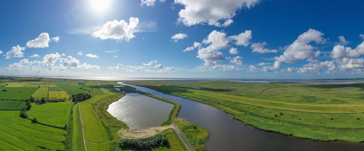 A river winding through green fields under a clear sky.