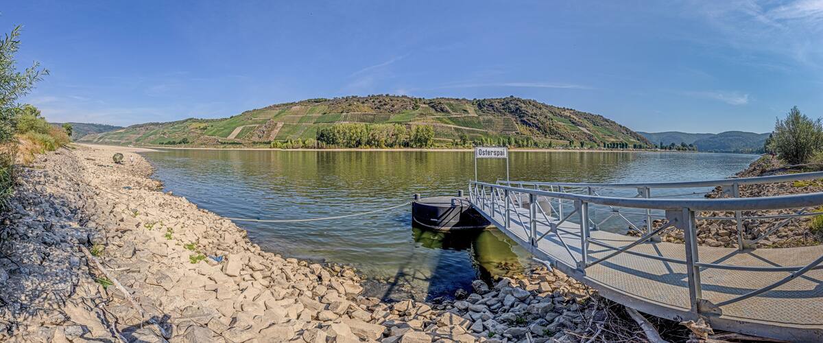 View of a dry boat dock in the Rhine village of Osterspai during the record low water level