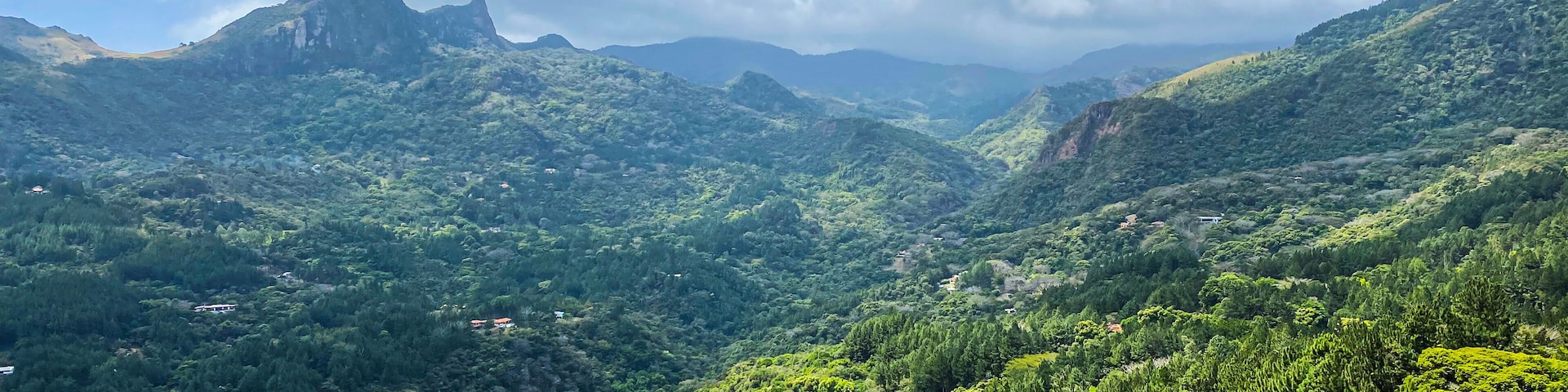 Scenic view of beautiful forested valley with mountains in background in Panama.