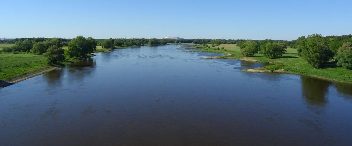 A river flowing through a green landscape with trees and open fields.