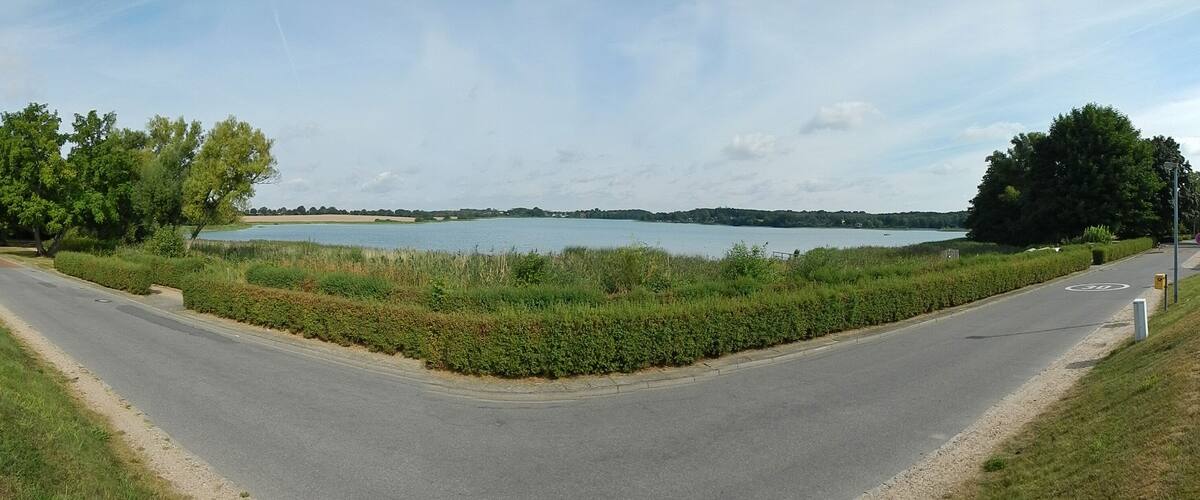 A road curving around a lake with houses and trees in the background.