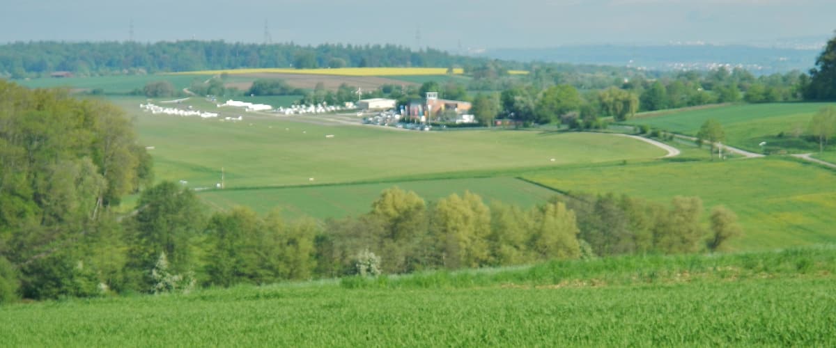 A rural landscape with green fields, a small cluster of buildings, and a distant town.