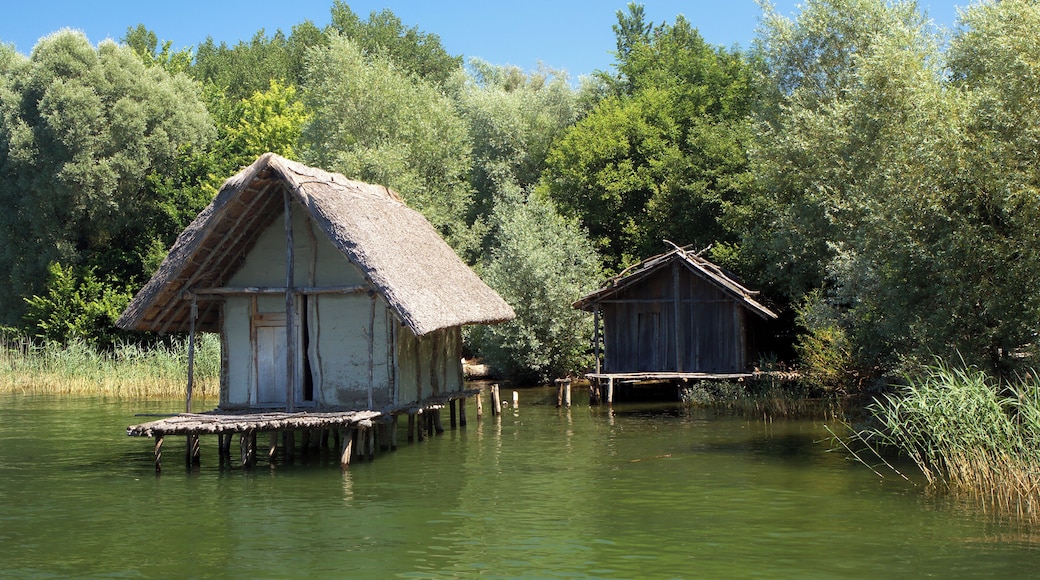 Hornstaad House (left) and Arbon House (right), Pfahlbaumuseum Unteruhldingen, Uhldingen-Mühlhofen, Lake Constance, Germany