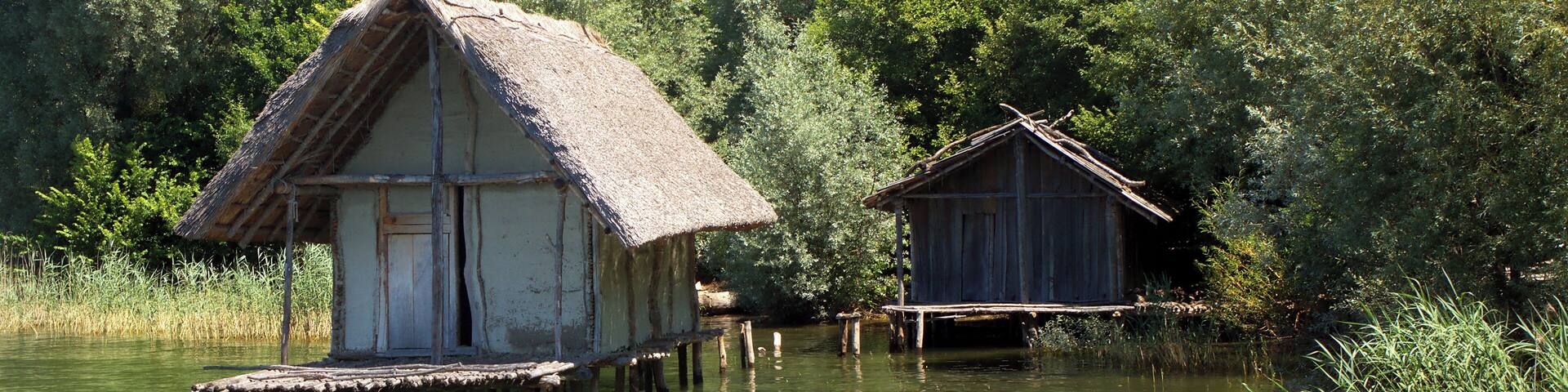 Hornstaad House (left) and Arbon House (right), Pfahlbaumuseum Unteruhldingen, Uhldingen-Mühlhofen, Lake Constance, Germany